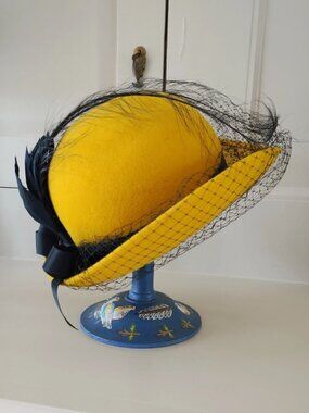 1980’s Michael Howard Wool Womens Yellow Hat w/ Black Bow & Netting by Ruth Alan
